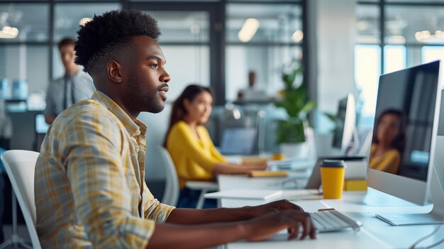 Foto i dipendenti felici prosperano in spazi di lavoro collaborativi produttivi