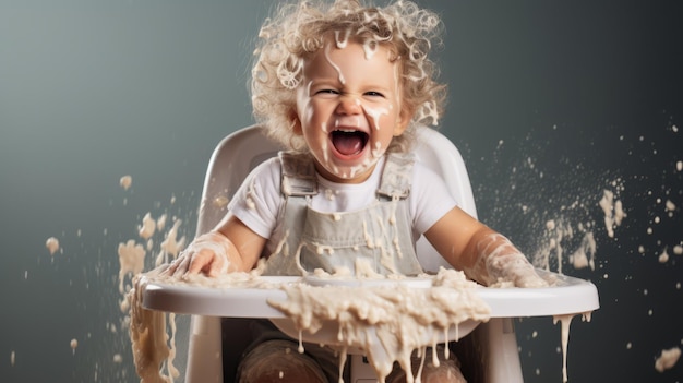 Happy and Energetic Baby Enjoying a Delicious Meal at the Kitchen Table