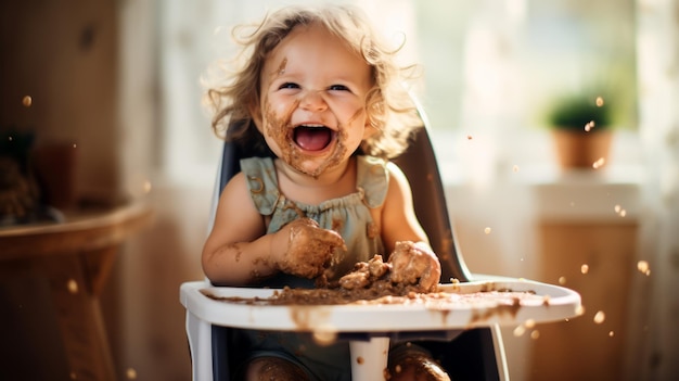 Photo happy and energetic baby enjoying a delicious meal at the kitchen table