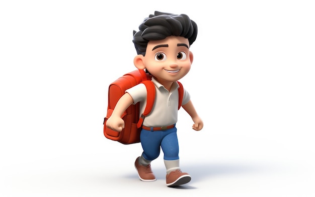 Happy Energetic Boy with a Lunchbox Going to School 3D Character Isolated on White Background