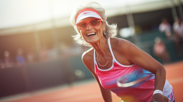 Happy and energetic elderly lady with tennis racket smiling while playing tennis on a bright and