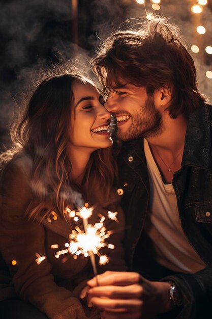 Happy engaged couple smile and celebrate by turning on sparkler lights People party anniversary concept