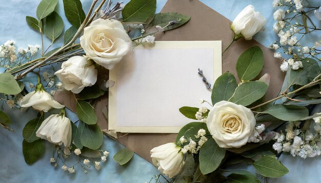 Photo happy engagement card with flowers and leaves copy space text mockups top view