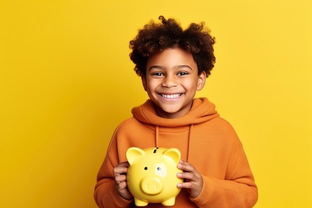 Happy ethnic boy storing money in piggy bank on yellow background generative ai