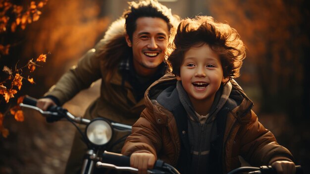 Счастливая этническая семья отец мать с сыном ездят на велосипеде в парке