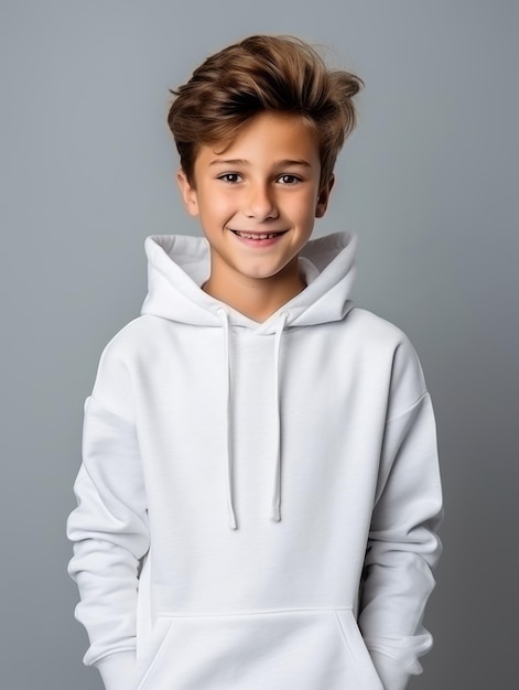 Happy European kid in casual clothing against a neutral background