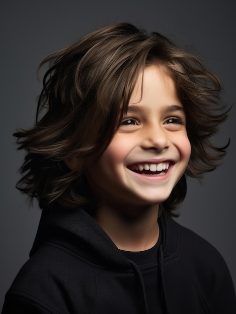 Happy European kid in casual clothing against a neutral background