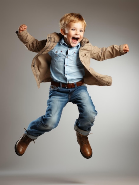 Happy European kid in casual clothing against a neutral background