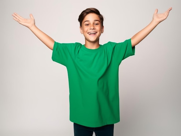 Happy european kid in casual clothing against a neutral background