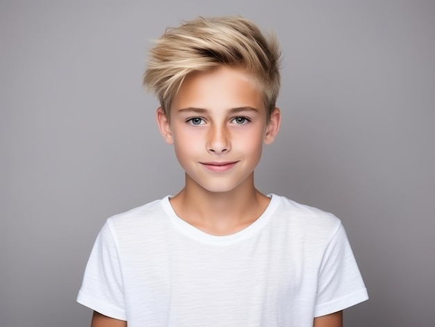 Photo happy european kid in casual clothing against a neutral background