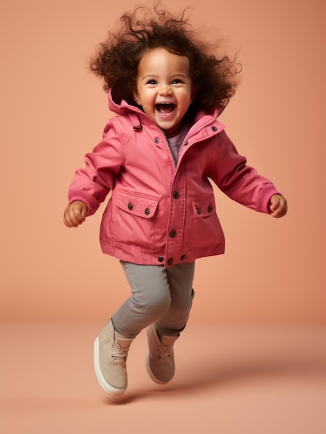 Happy European kid in casual clothing against a neutral background