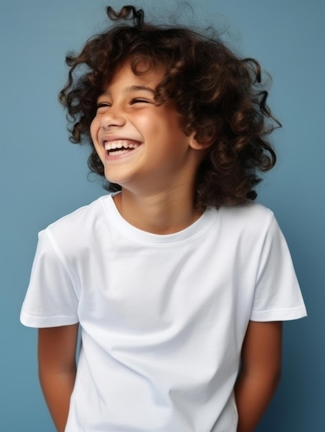 Happy European kid in casual clothing against a neutral background