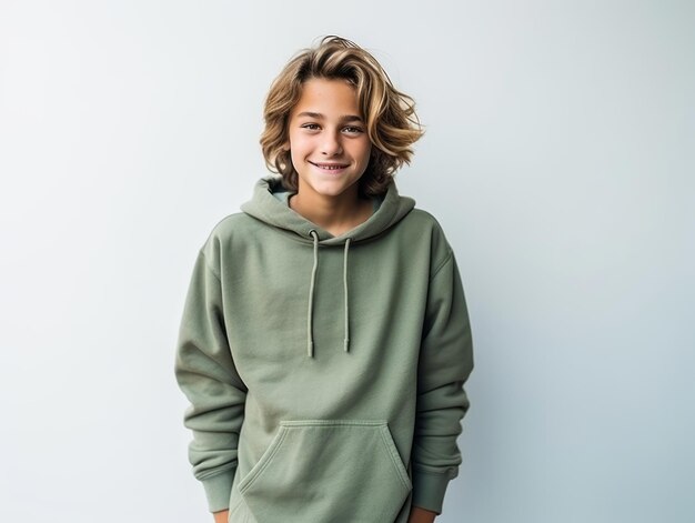 Happy European kid in casual clothing against a neutral background