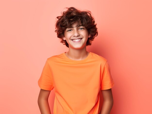 Happy European kid in casual clothing against a neutral background