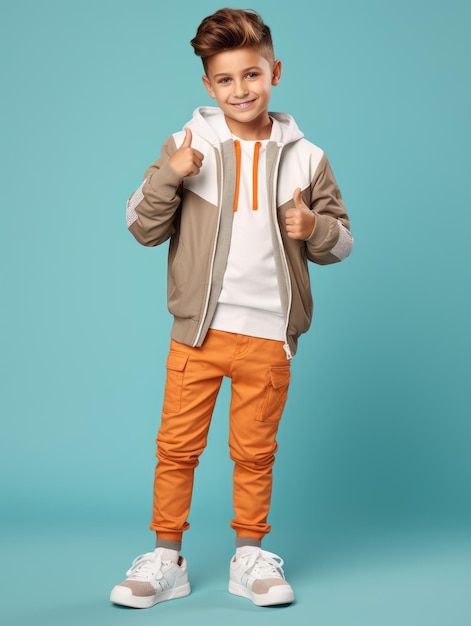 Happy European kid in casual clothing against a neutral background