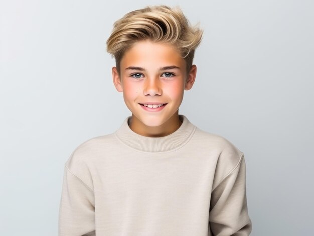 Photo happy european kid in casual clothing against a neutral background