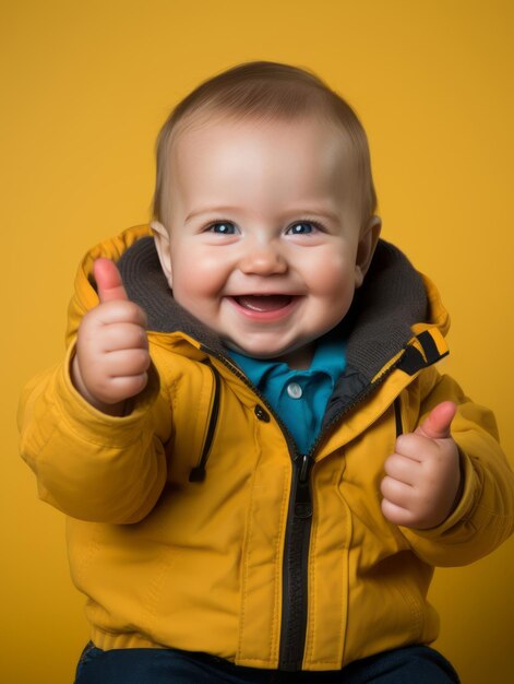 Happy european kid in casual clothing against a neutral background