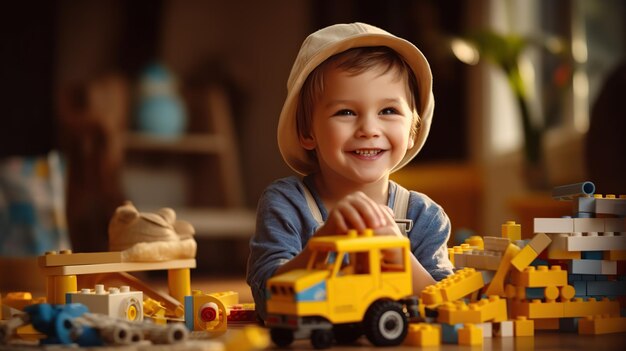 Happy European kid having fun playing with toy bricks constructor at home Creative wallpaper activity for children concept copy space for text