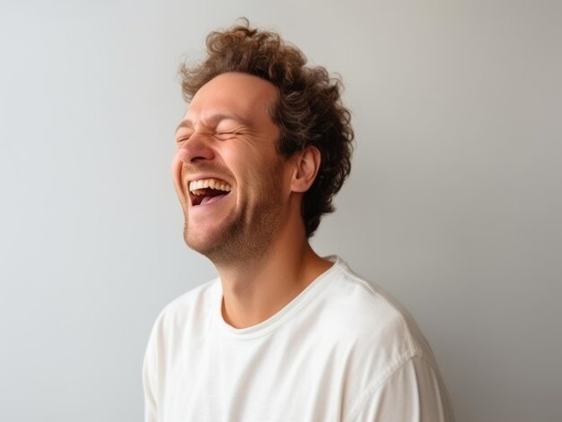 Happy european man in casual clothing against a neutral background