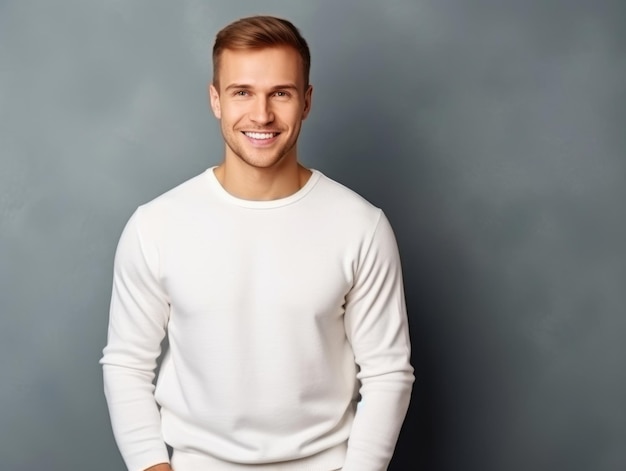 Happy european man in casual clothing against a neutral background