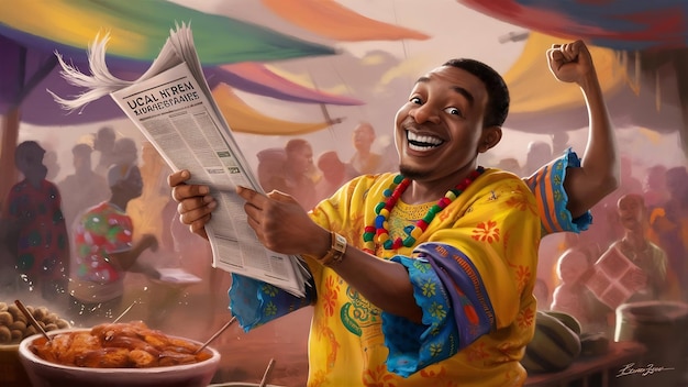 Счастливый возбужденный африканский мужчина с газетой