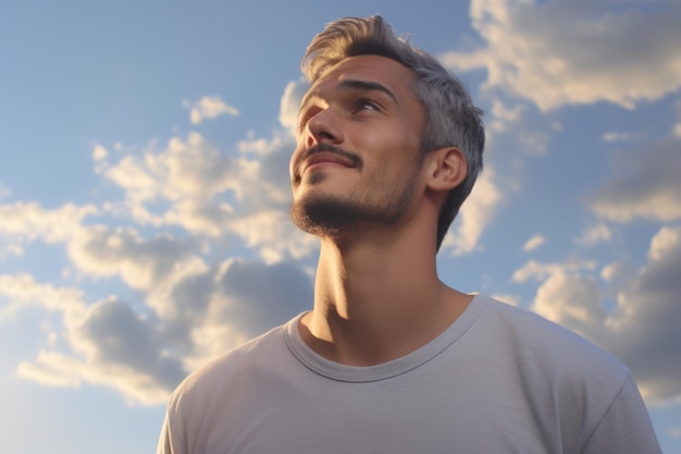 Happy excited caucasian european inspired man traveler look to summer blue sky clouds young handsome