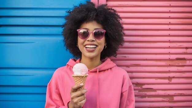 Photo happy excited curly woman in fuchsia sunglasses and pink hoodie smiles sincerely and holds ice crea