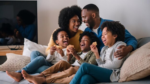 Photo happy excited family couple and two kids watching tv together sitting on couch in living room usi