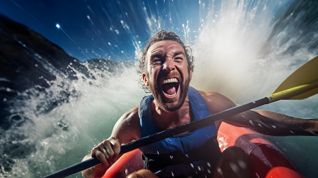 Happy and excited man riding small boat through the waves