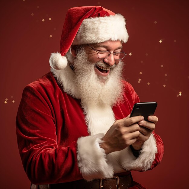 Happy excited old bearded Santa Claus wearing costume holding cell phone using mobile app