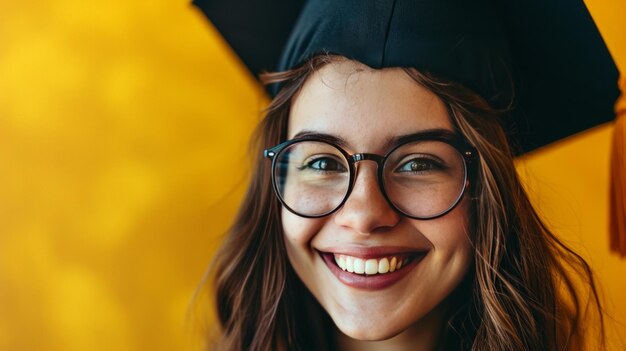 Happy and excited portrait of young student girl in hat of graduation isolated