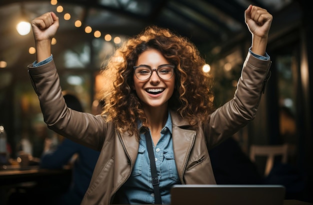 Photo happy excited and success business woman celebrating with laptop in cafe winning and cheering for