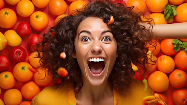 A happy and excited woman dark haired shopper inside store front view fruits and vegetables on pastel orange background generative ai