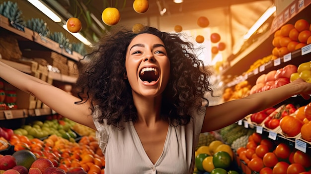 Photo a happy and excited woman dark haired shopper inside store front view fruits and vegetables on pastel orange background generative ai