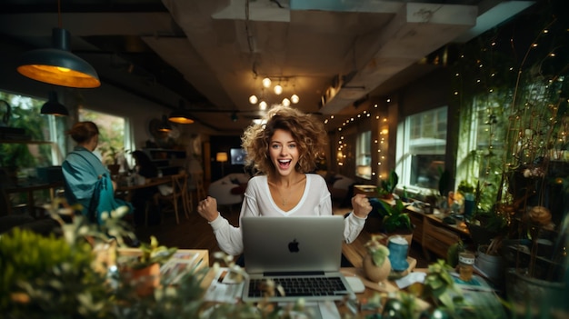 Photo happy excited women holding laptop computer