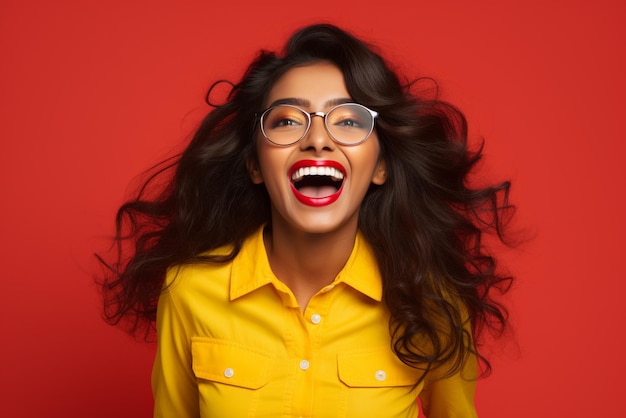 a happy and excited young girl laughing on red background generative AI