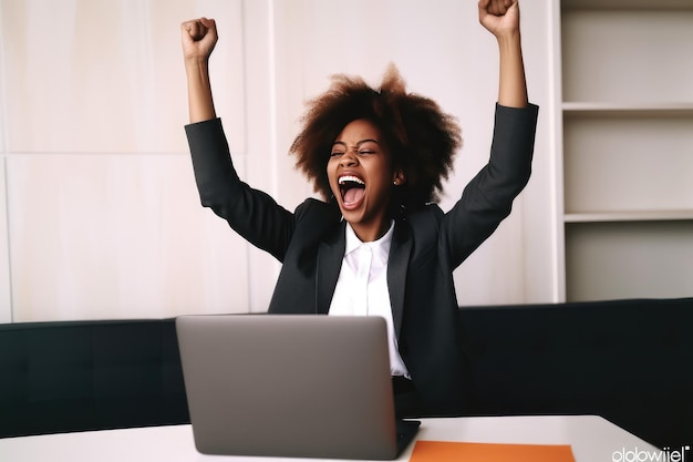 Happy excited young woman student or employee office work