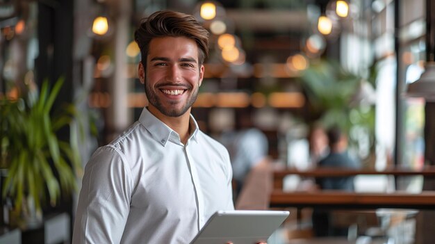 Photo happy executive young latin man thrives in business with modern technology