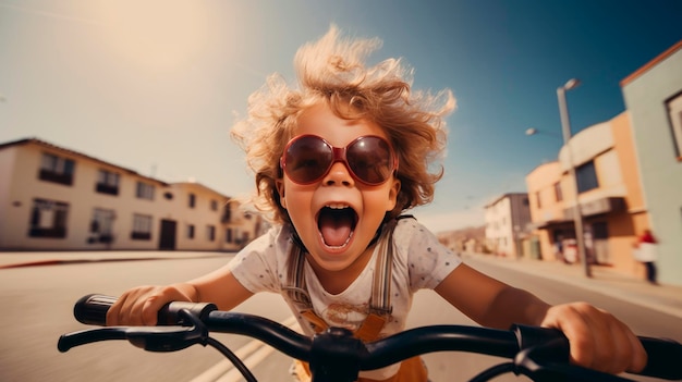 Happy exited kid on bicycle