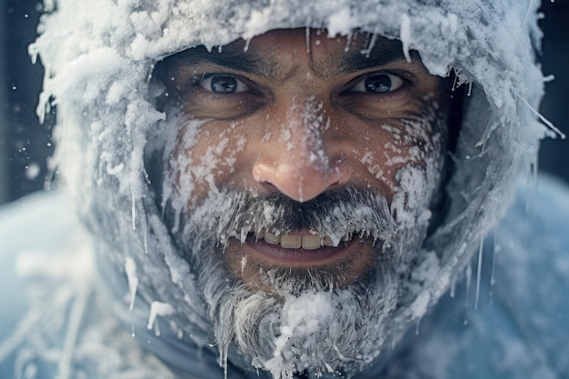 氷と雪の中の男の幸せな顔 凍った笑顔の男 北の男