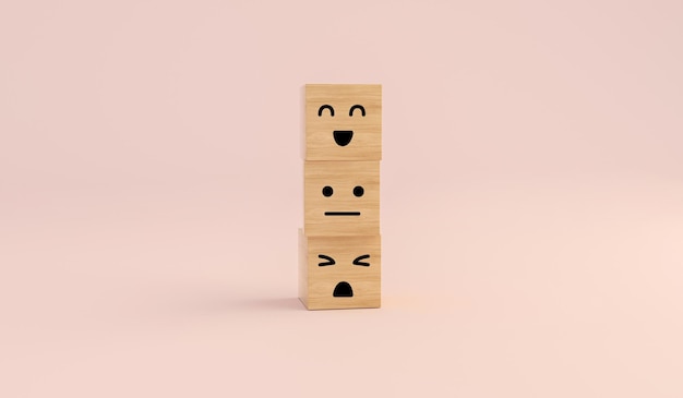 ピンクの紙の背景に幸せそうな顔の笑顔または悲しみと怒りの木製キューブカスタマーサービスの評価と満足度調査の概念3Dイラスト