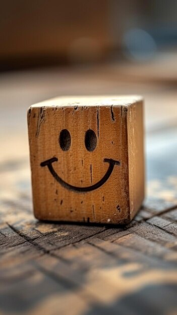 Photo happy face on wooden block customer satisfaction positive feedback concept vertical mobile wallpape