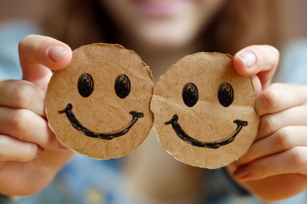 Photo happy faces on cardboard circles