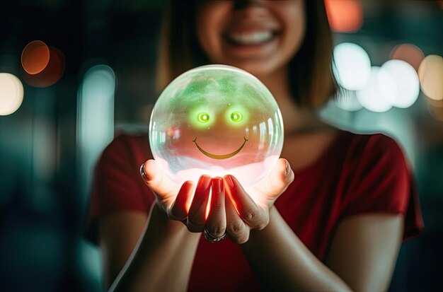 Photo happy faces smiling into womans hand and holding a smile circle in the style of light green and