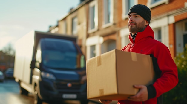 Happy fair delivery man in uniform carrying huge box to doorstep of house blurred huge delivery truck in background