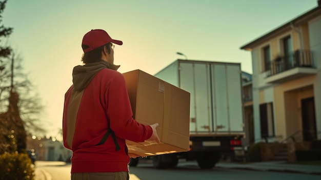 Happy fair delivery man in uniform carrying huge box to doorstep of house blurred huge delivery truck in background