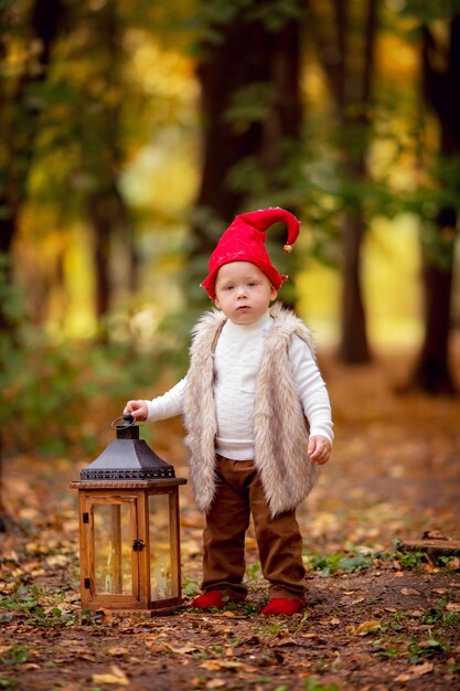 Happy fairy forest gnome boy playing and walking in the forest