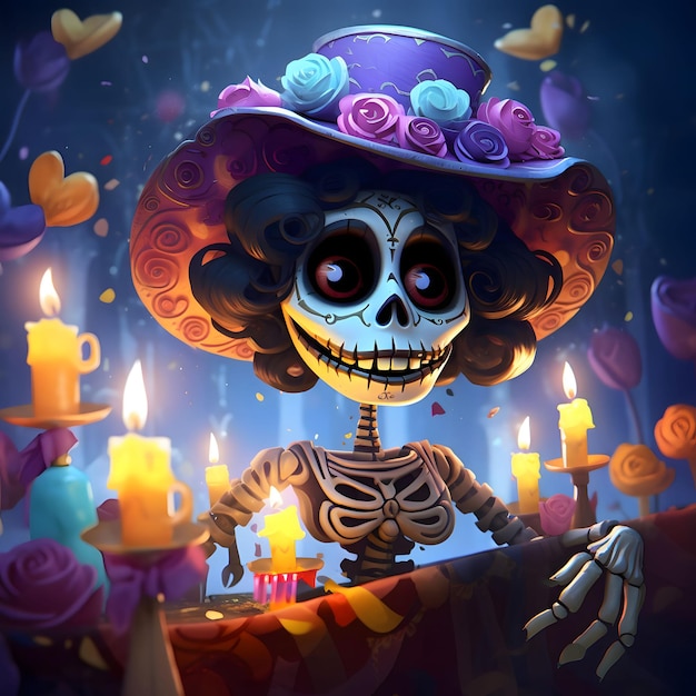 Happy fairy tale skeleton of a woman in a hat around candles For the day of the dead and Halloween