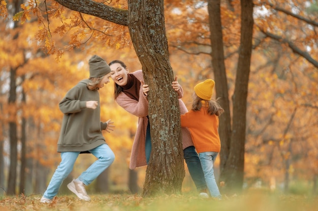 Happy family on autumn walk