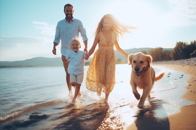 Photo happy family beach adventure parents daughter and dog enjoying playful moments